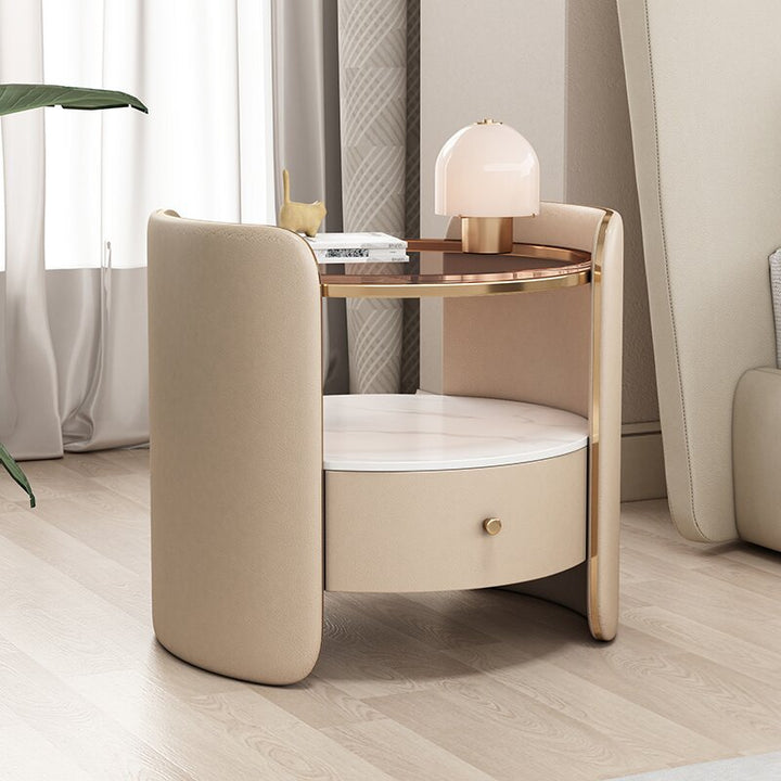 Moderner minimalistischer Nachttisch aus Glas, Steintafel und Holz in runder Zylinderform mit 1 Schublade für Schlafzimmer und Wohnzimmer 