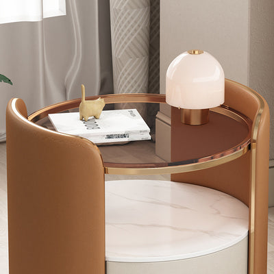 Table de nuit cylindrique moderne minimaliste en verre, dalle de roche et bois avec 1 tiroir pour chambre et salon 