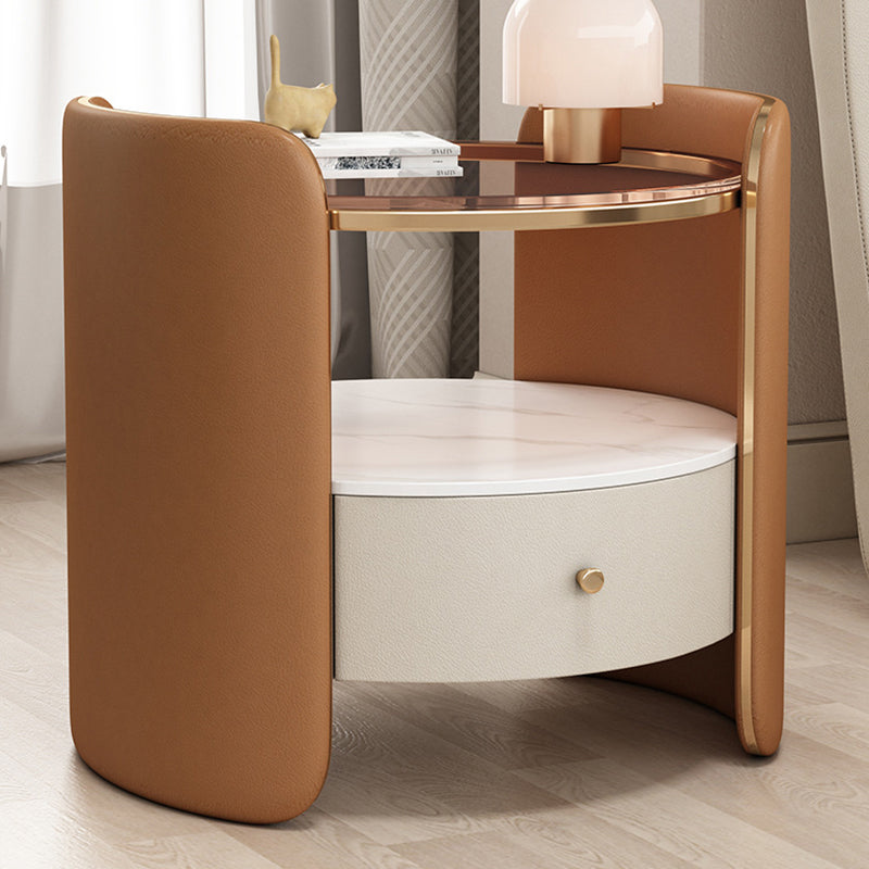 Table de nuit cylindrique moderne minimaliste en verre, dalle de roche et bois avec 1 tiroir pour chambre et salon 