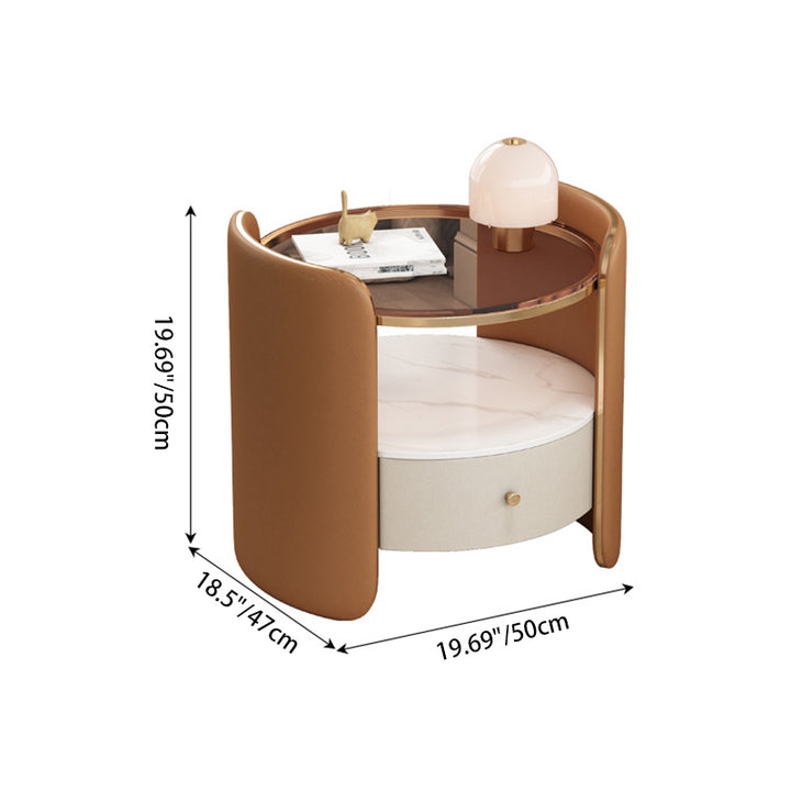 Moderner minimalistischer Nachttisch aus Glas, Steintafel und Holz in runder Zylinderform mit 1 Schublade für Schlafzimmer und Wohnzimmer 