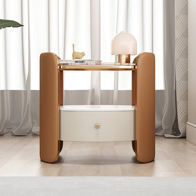 Table de nuit cylindrique moderne minimaliste en verre, dalle de roche et bois avec 1 tiroir pour chambre et salon 