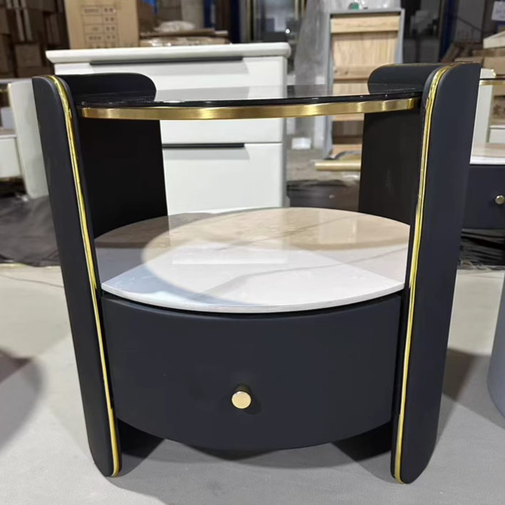 Table de nuit cylindrique moderne minimaliste en verre, dalle de roche et bois avec 1 tiroir pour chambre et salon 