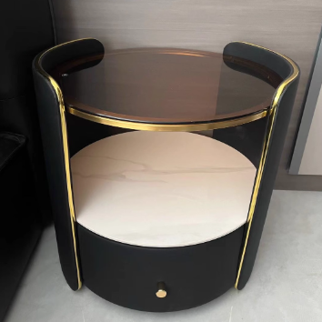 Table de nuit cylindrique moderne minimaliste en verre, dalle de roche et bois avec 1 tiroir pour chambre et salon 