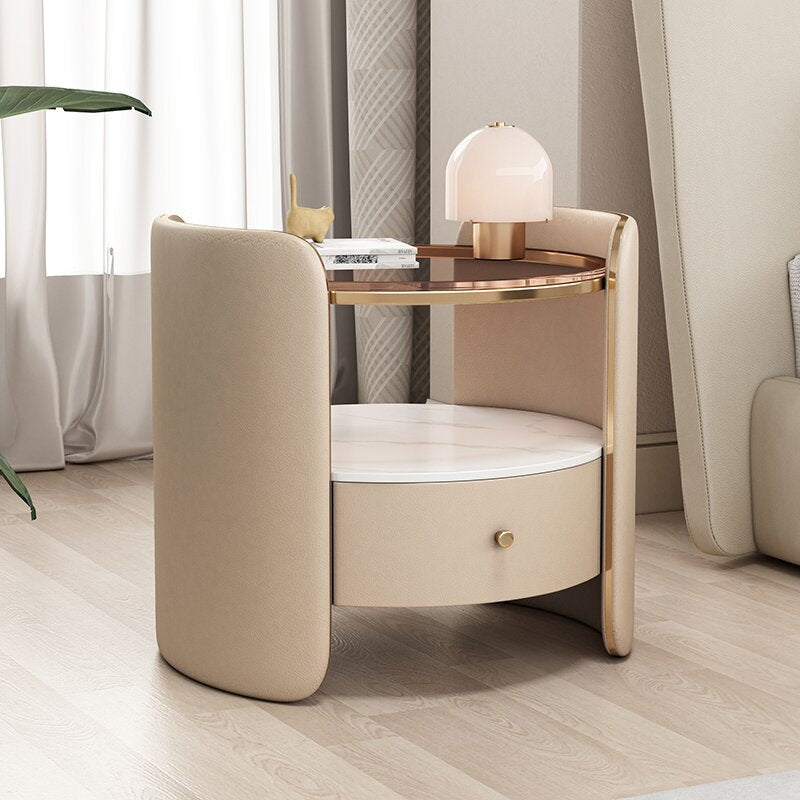 Table de nuit cylindrique moderne minimaliste en verre, dalle de roche et bois avec 1 tiroir pour chambre et salon 