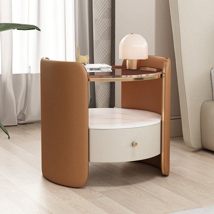 Moderner minimalistischer Nachttisch aus Glas, Steintafel und Holz in runder Zylinderform mit 1 Schublade für Schlafzimmer und Wohnzimmer 