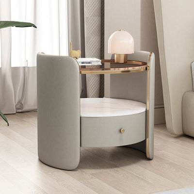 Table de nuit cylindrique moderne minimaliste en verre, dalle de roche et bois avec 1 tiroir pour chambre et salon 