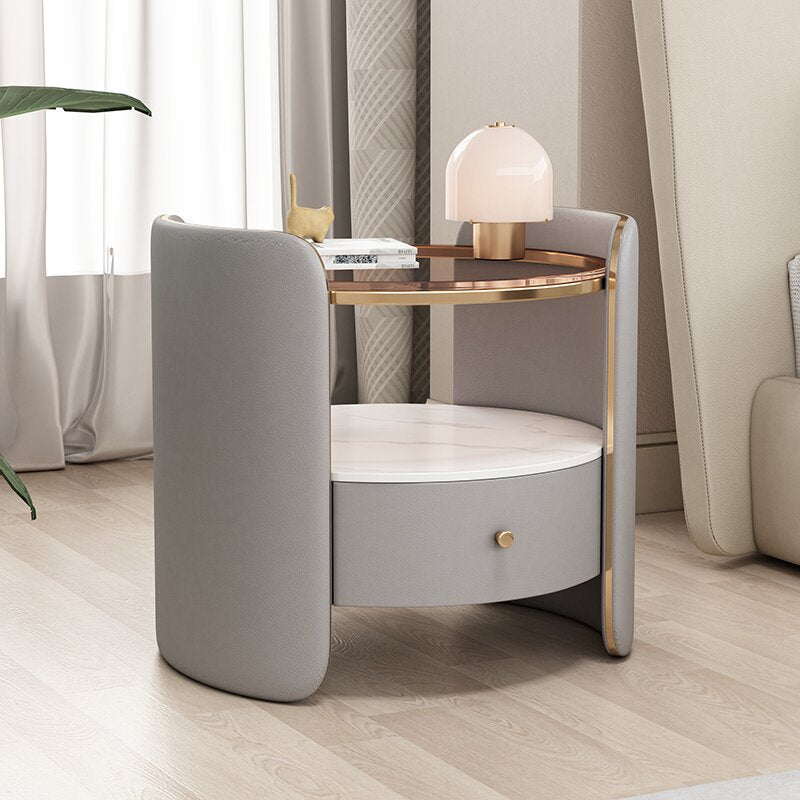 Table de nuit cylindrique moderne minimaliste en verre, dalle de roche et bois avec 1 tiroir pour chambre et salon 