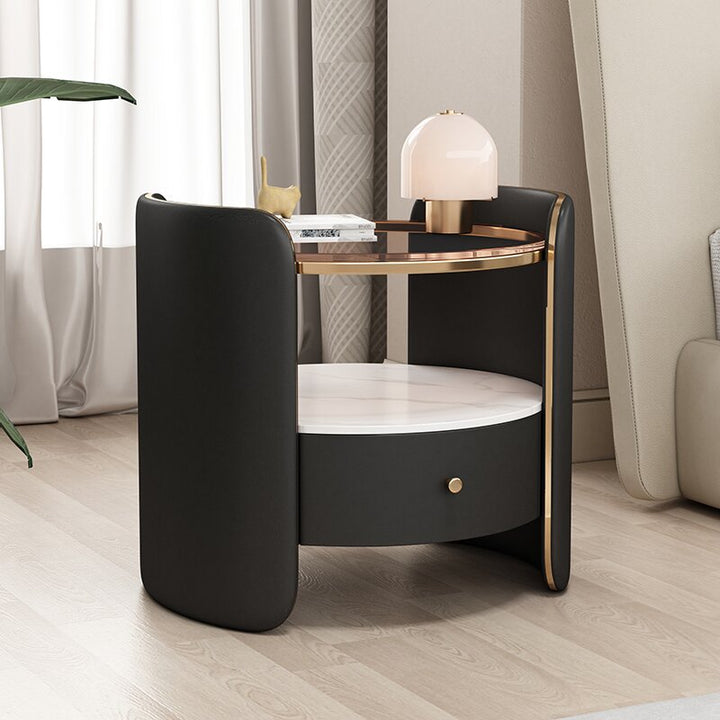 Moderner minimalistischer Nachttisch aus Glas, Steintafel und Holz in runder Zylinderform mit 1 Schublade für Schlafzimmer und Wohnzimmer 