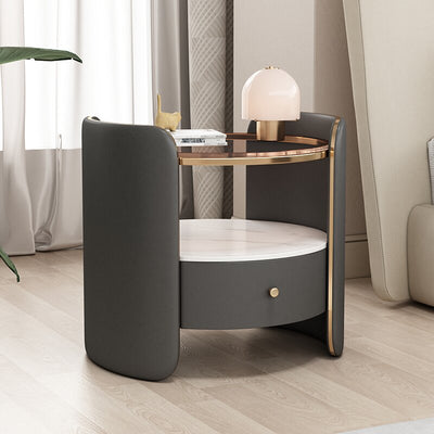 Table de nuit cylindrique moderne minimaliste en verre, dalle de roche et bois avec 1 tiroir pour chambre et salon 