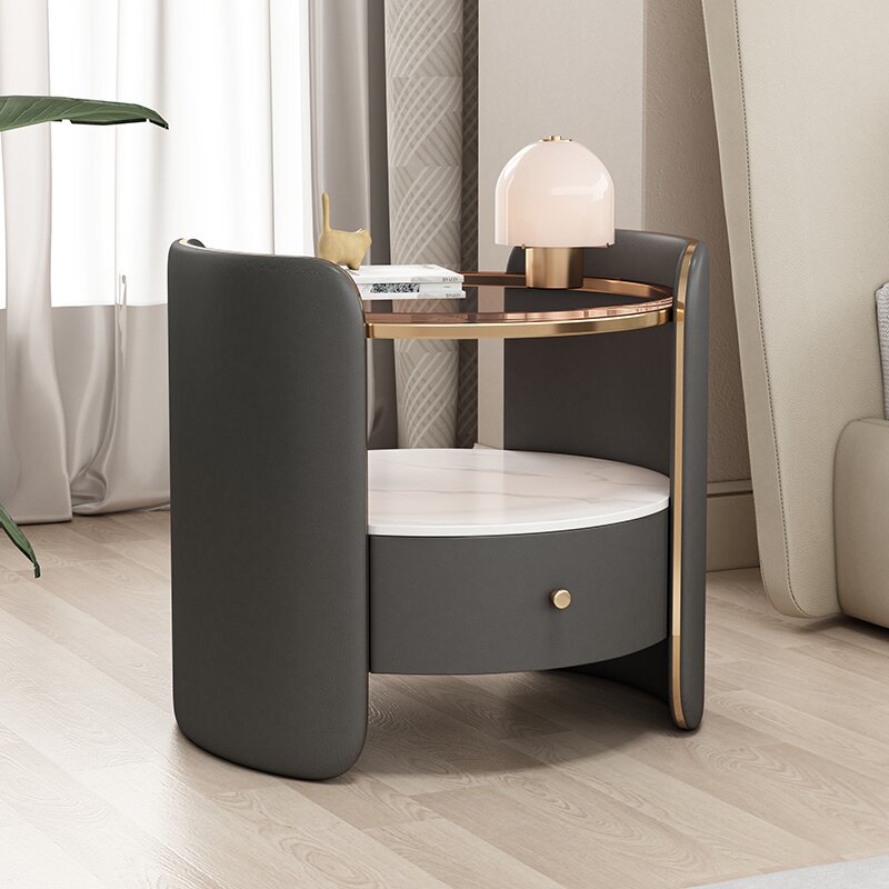 Table de nuit cylindrique moderne minimaliste en verre, dalle de roche et bois avec 1 tiroir pour chambre et salon 