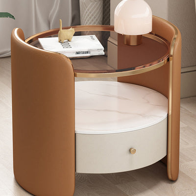 Table de nuit cylindrique moderne minimaliste en verre, dalle de roche et bois avec 1 tiroir pour chambre et salon 