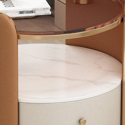Table de nuit cylindrique moderne minimaliste en verre, dalle de roche et bois avec 1 tiroir pour chambre et salon 