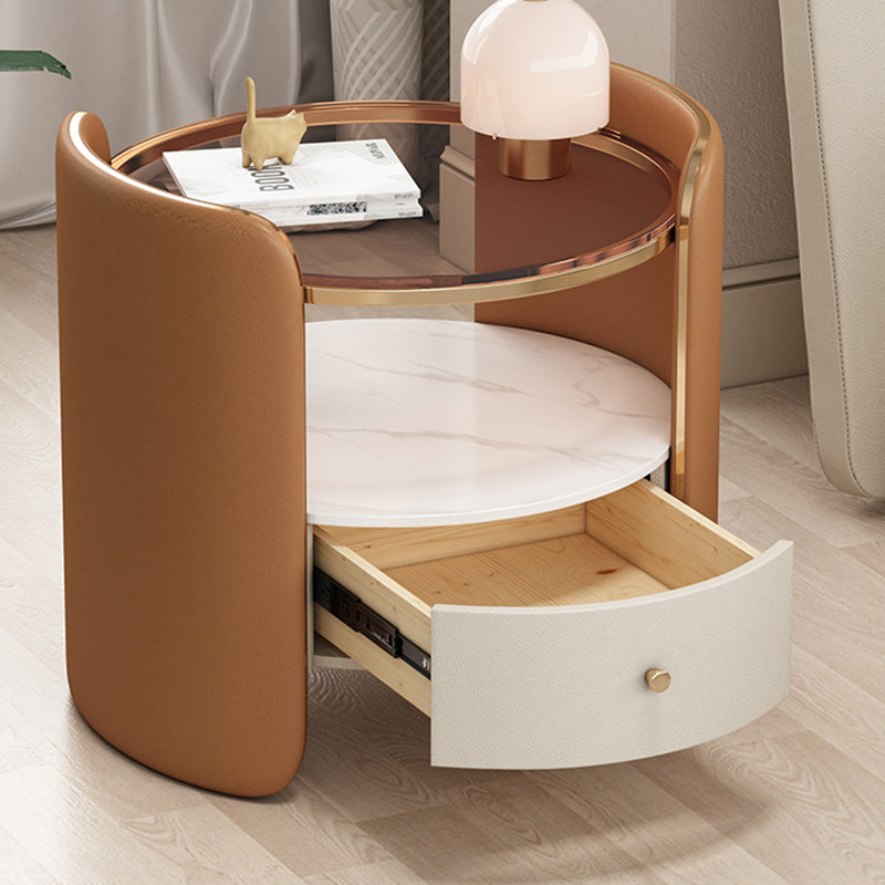 Table de nuit cylindrique moderne minimaliste en verre, dalle de roche et bois avec 1 tiroir pour chambre et salon 