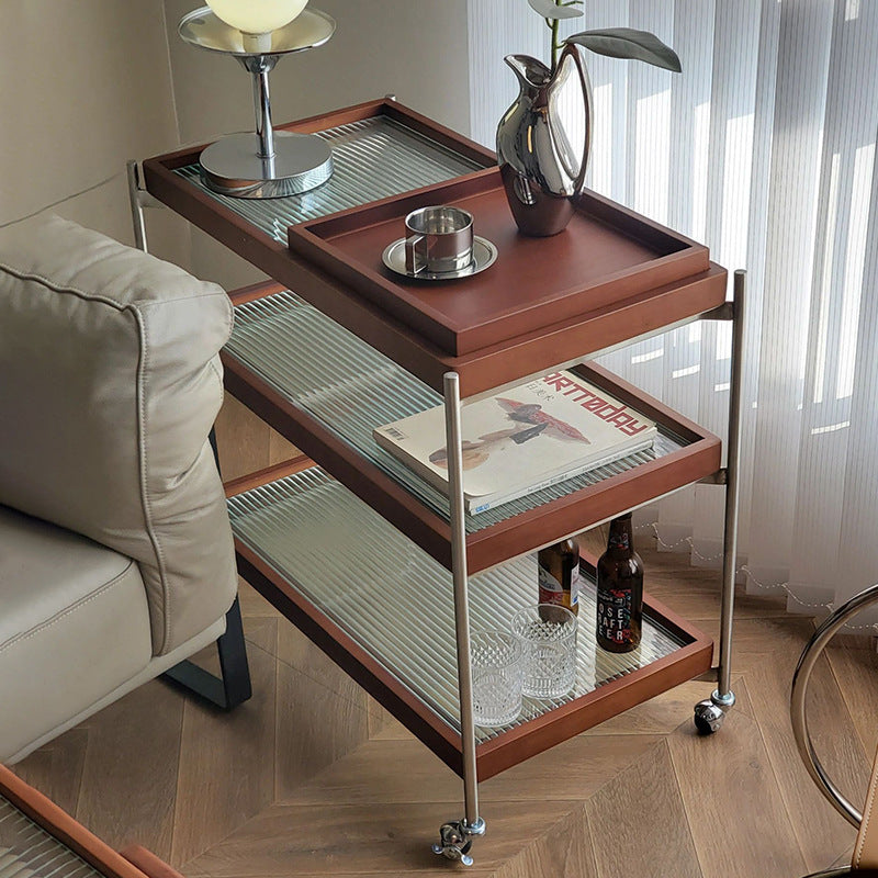 Traditional Vintage Wood, Glass &amp; Stainless Steel Rectangular Side Table With 3-Tier Storage For Living Room &amp; Bedroom