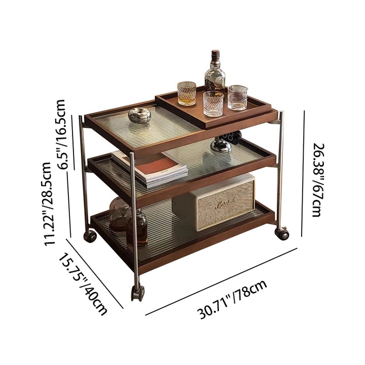 Mesa auxiliar rectangular tradicional vintage de madera, vidrio y acero inoxidable con almacenamiento de 3 niveles para sala de estar y dormitorio 