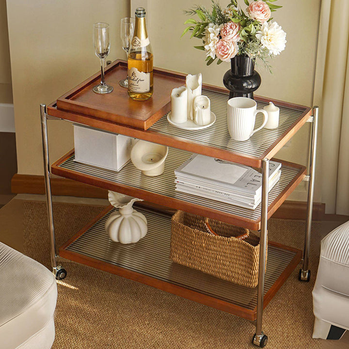 Mesa auxiliar rectangular tradicional vintage de madera, vidrio y acero inoxidable con almacenamiento de 3 niveles para sala de estar y dormitorio 