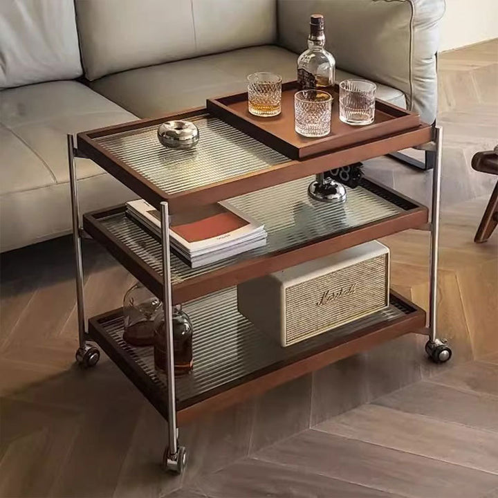 Mesa auxiliar rectangular tradicional vintage de madera, vidrio y acero inoxidable con almacenamiento de 3 niveles para sala de estar y dormitorio 