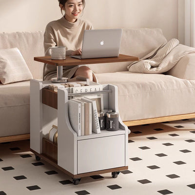 Zeitgenössischer nordischer Öko-Tisch & Trapez-Beistelltisch aus Edelstahl mit 1 Schublade und drehbarer, anhebbarer Platte für Schlafzimmer & Wohnzimmer 