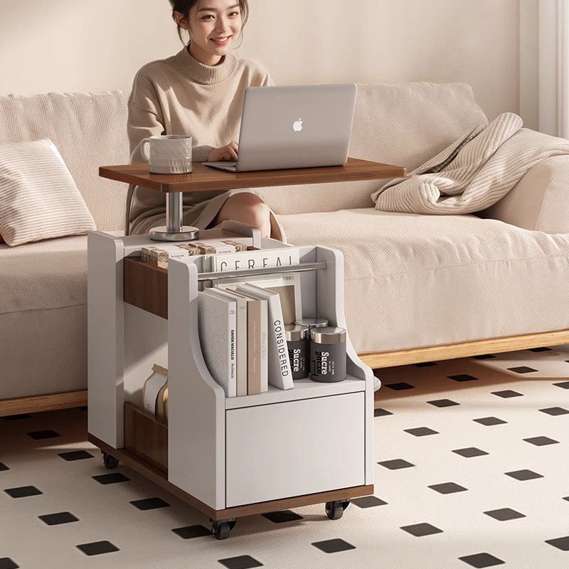Zeitgenössischer nordischer Öko-Tisch & Trapez-Beistelltisch aus Edelstahl mit 1 Schublade und drehbarer, anhebbarer Platte für Schlafzimmer & Wohnzimmer 