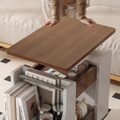 Zeitgenössischer nordischer Öko-Tisch & Trapez-Beistelltisch aus Edelstahl mit 1 Schublade und drehbarer, anhebbarer Platte für Schlafzimmer & Wohnzimmer 