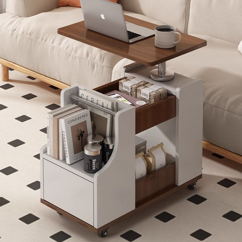 Zeitgenössischer nordischer Öko-Tisch & Trapez-Beistelltisch aus Edelstahl mit 1 Schublade und drehbarer, anhebbarer Platte für Schlafzimmer & Wohnzimmer 