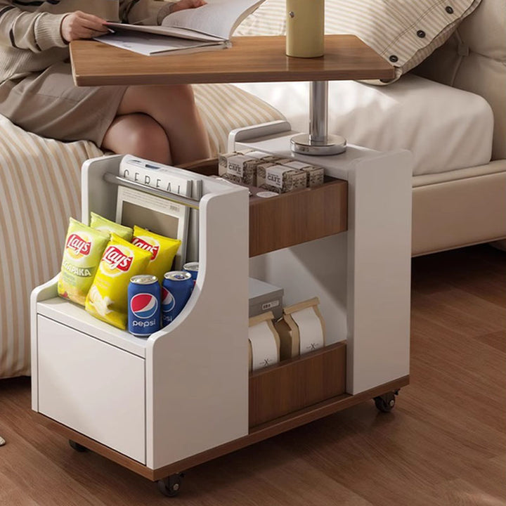 Contemporary Nordic Eco-Board & Stainless Steel Trapezoid Side Table With 1-Drawer And Rotatable Liftable Top For Bedroom & Living Room