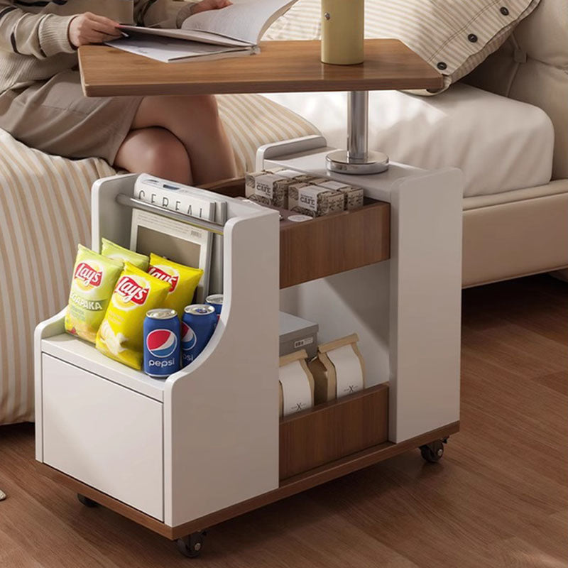 Zeitgenössischer nordischer Öko-Tisch & Trapez-Beistelltisch aus Edelstahl mit 1 Schublade und drehbarer, anhebbarer Platte für Schlafzimmer & Wohnzimmer 