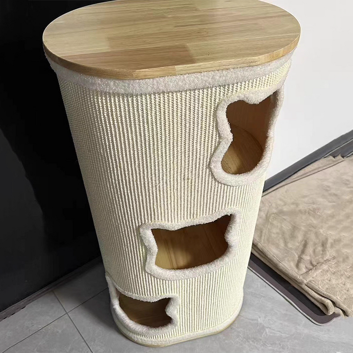 Modern Minimalist Elliptical Cylinder Plywood Rubberwood Sisal Integrated Cat Bed &amp; Cat Tower 2/3-Hole For Living Room