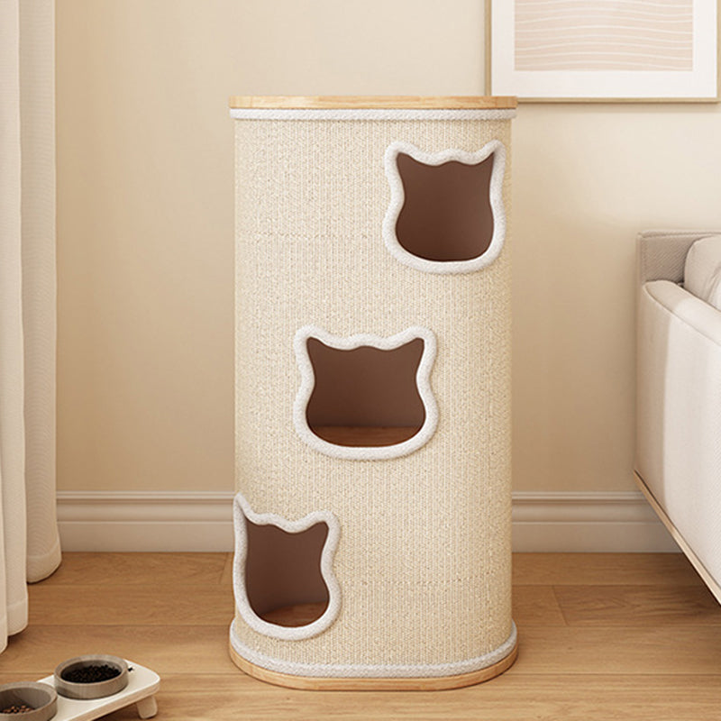 Modern Minimalist Elliptical Cylinder Plywood Rubberwood Sisal Integrated Cat Bed &amp; Cat Tower 2/3-Hole For Living Room