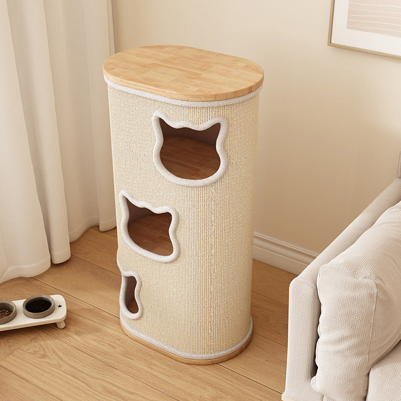 Modern Minimalist Elliptical Cylinder Plywood Rubberwood Sisal Integrated Cat Bed &amp; Cat Tower 2/3-Hole For Living Room