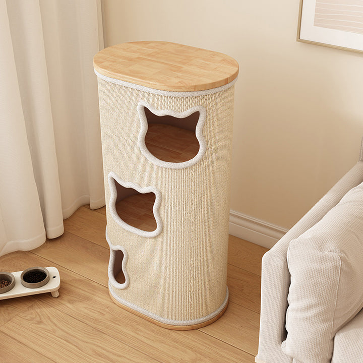 Modern Minimalist Elliptical Cylinder Plywood Rubberwood Sisal Integrated Cat Bed &amp; Cat Tower 2/3-Hole For Living Room