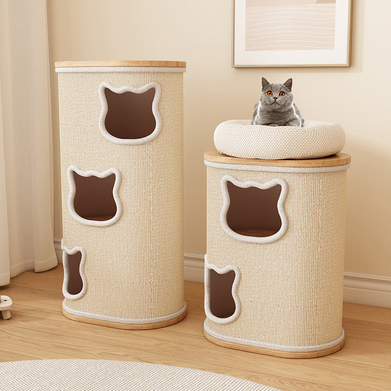Modern Minimalist Elliptical Cylinder Plywood Rubberwood Sisal Integrated Cat Bed &amp; Cat Tower 2/3-Hole For Living Room