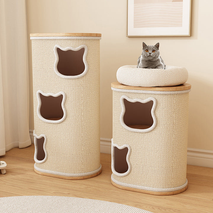 Modern Minimalist Elliptical Cylinder Plywood Rubberwood Sisal Integrated Cat Bed &amp; Cat Tower 2/3-Hole For Living Room