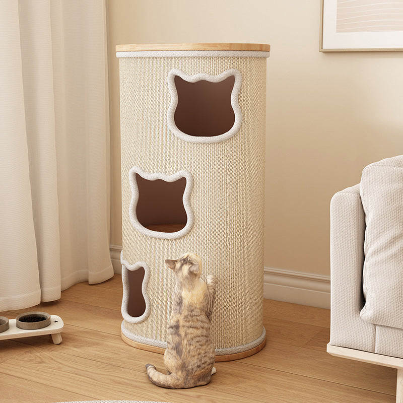 Modern Minimalist Elliptical Cylinder Plywood Rubberwood Sisal Integrated Cat Bed &amp; Cat Tower 2/3-Hole For Living Room