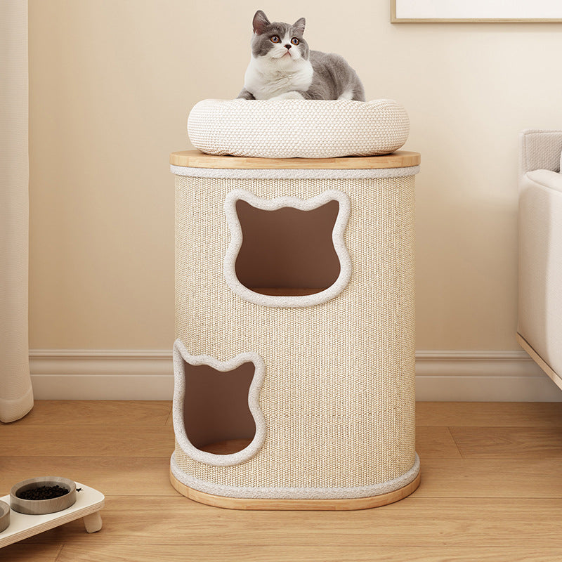 Modern Minimalist Elliptical Cylinder Plywood Rubberwood Sisal Integrated Cat Bed &amp; Cat Tower 2/3-Hole For Living Room