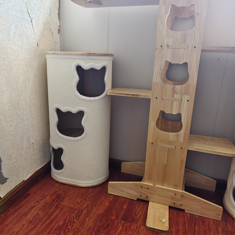 Modern Minimalist Elliptical Cylinder Plywood Rubberwood Sisal Integrated Cat Bed &amp; Cat Tower 2/3-Hole For Living Room