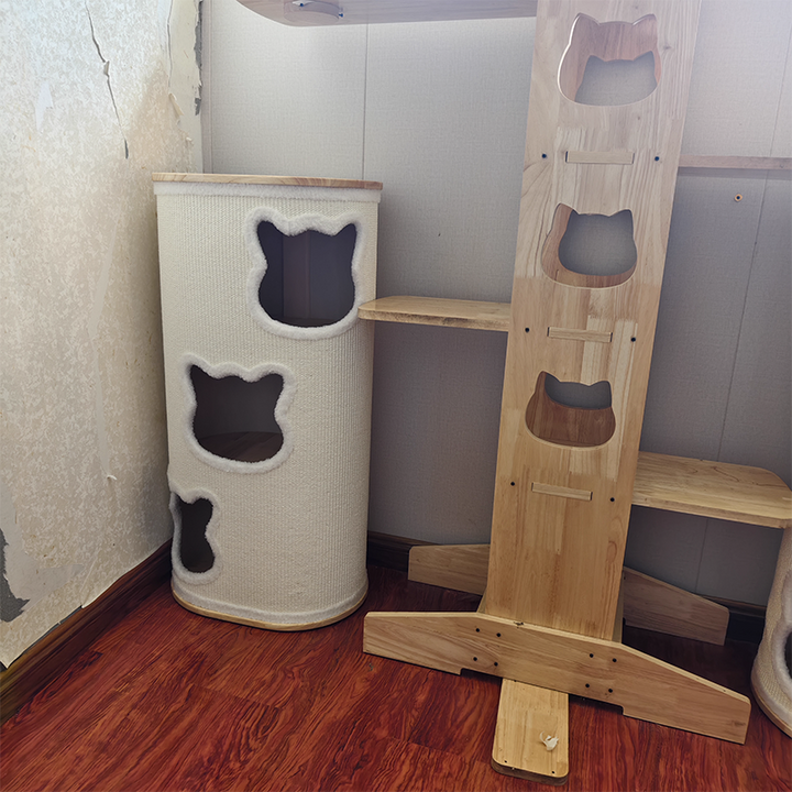 Modern Minimalist Elliptical Cylinder Plywood Rubberwood Sisal Integrated Cat Bed &amp; Cat Tower 2/3-Hole For Living Room