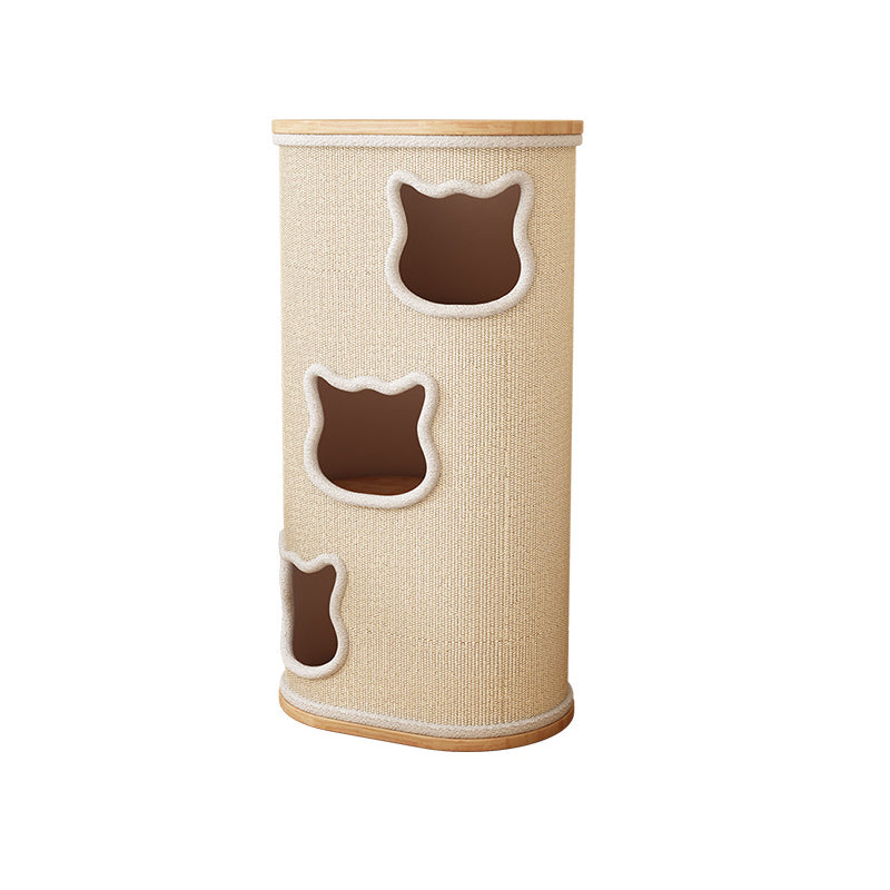 Modern Minimalist Elliptical Cylinder Plywood Rubberwood Sisal Integrated Cat Bed &amp; Cat Tower 2/3-Hole For Living Room