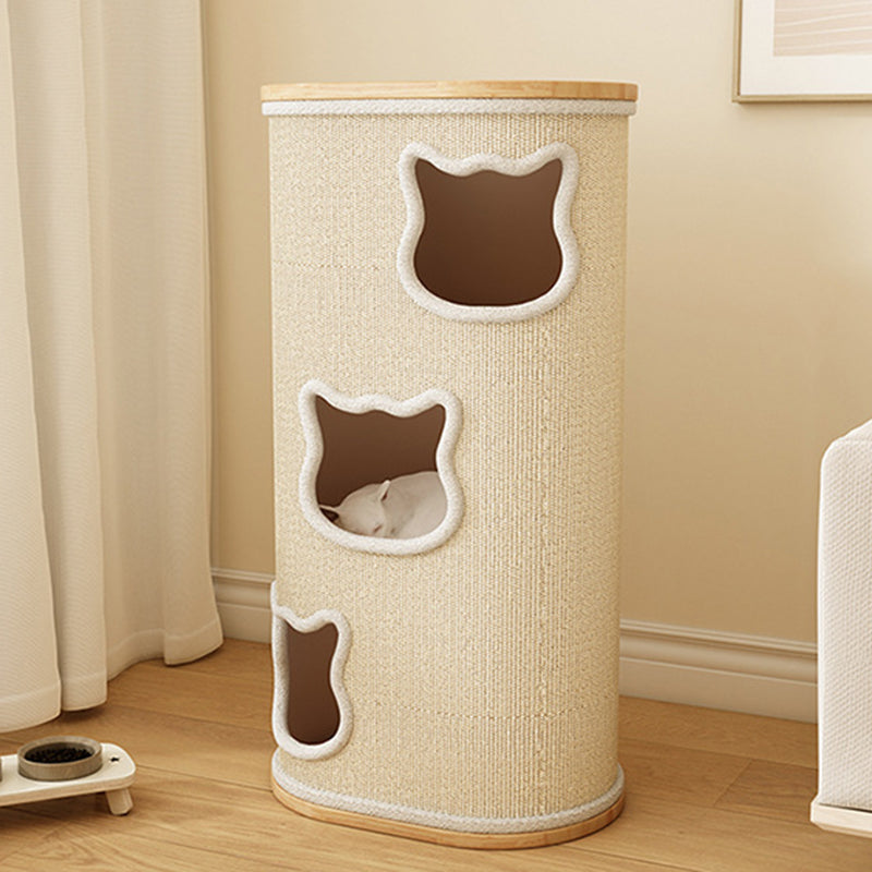 Modern Minimalist Elliptical Cylinder Plywood Rubberwood Sisal Integrated Cat Bed &amp; Cat Tower 2/3-Hole For Living Room