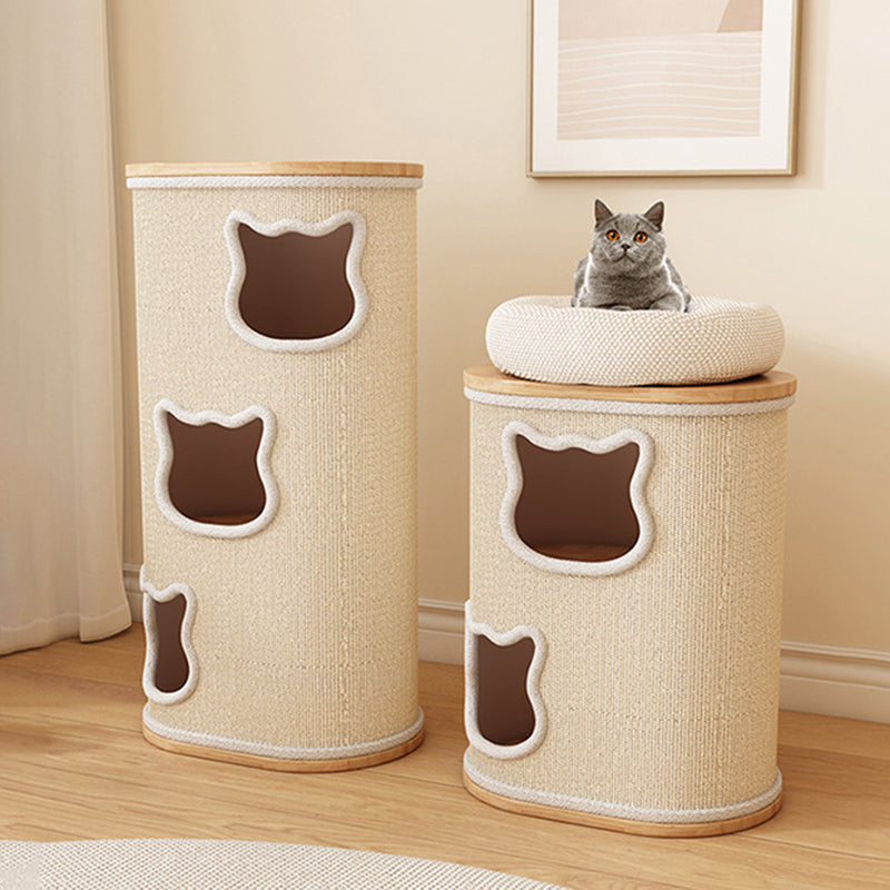 Modern Minimalist Elliptical Cylinder Plywood Rubberwood Sisal Integrated Cat Bed &amp; Cat Tower 2/3-Hole For Living Room