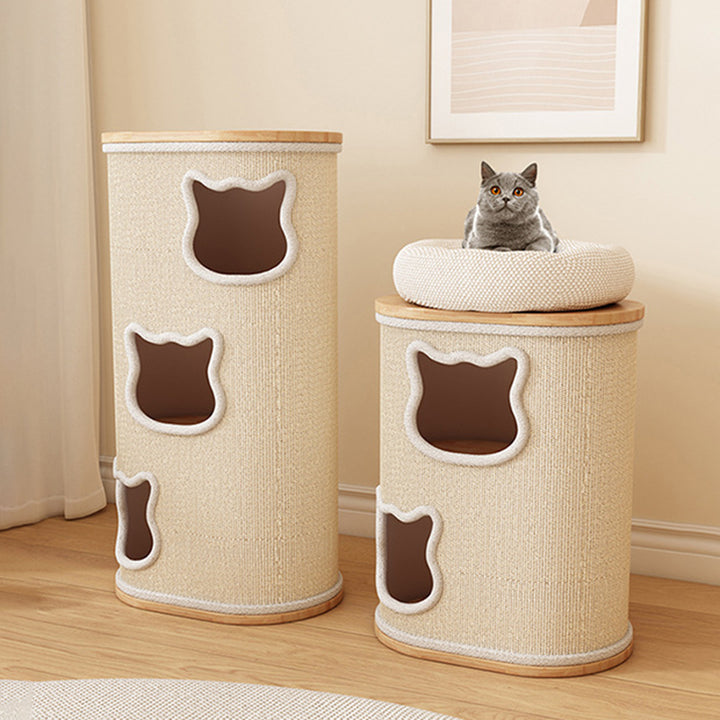 Modern Minimalist Elliptical Cylinder Plywood Rubberwood Sisal Integrated Cat Bed & Cat Tower 2/3-Hole For Living Room