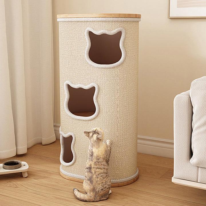 Modern Minimalist Elliptical Cylinder Plywood Rubberwood Sisal Integrated Cat Bed & Cat Tower 2/3-Hole For Living Room