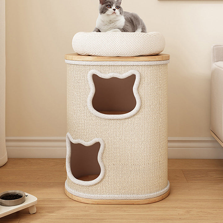 Modern Minimalist Elliptical Cylinder Plywood Rubberwood Sisal Integrated Cat Bed &amp; Cat Tower 2/3-Hole For Living Room