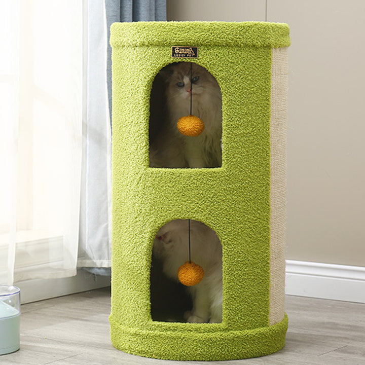 Traditionelles Rustikales Baumloch Teddy Fleece Verdicktes Hartpapprohr Integriertes Katzenbett &amp; Katzenturm 2/3-Nest Für Wohnzimmer 