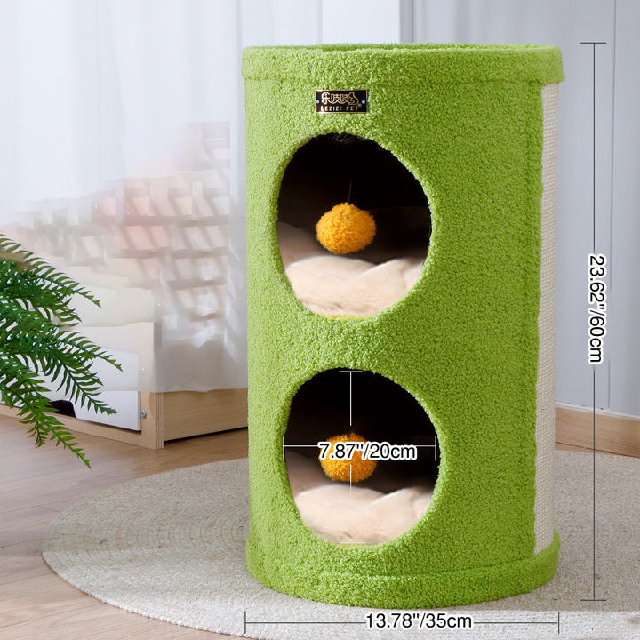 Traditionelles Rustikales Baumloch Teddy Fleece Verdicktes Hartpapprohr Integriertes Katzenbett &amp; Katzenturm 2/3-Nest Für Wohnzimmer 