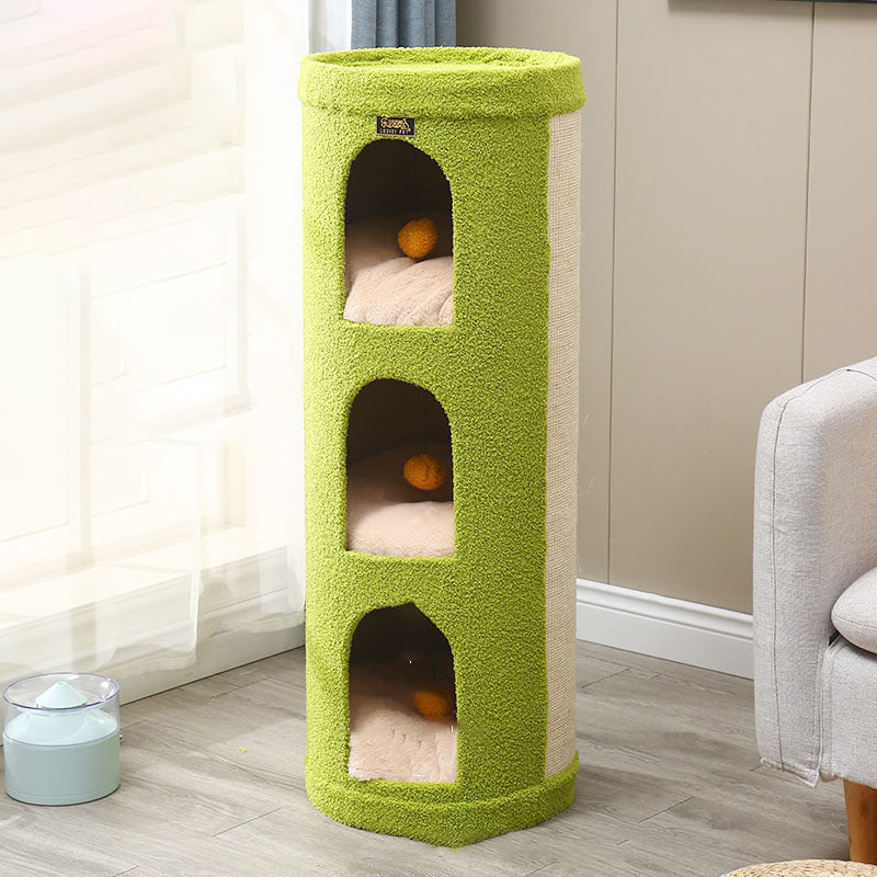 Traditionelles Rustikales Baumloch Teddy Fleece Verdicktes Hartpapprohr Integriertes Katzenbett &amp; Katzenturm 2/3-Nest Für Wohnzimmer 