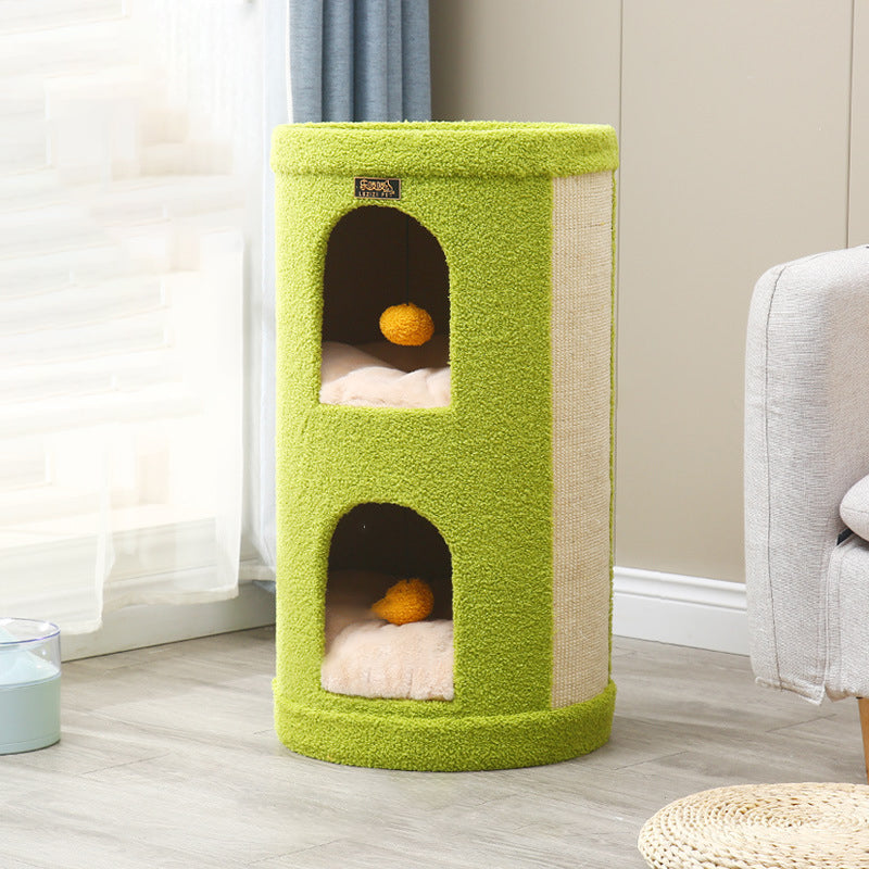 Traditionelles Rustikales Baumloch Teddy Fleece Verdicktes Hartpapprohr Integriertes Katzenbett &amp; Katzenturm 2/3-Nest Für Wohnzimmer 