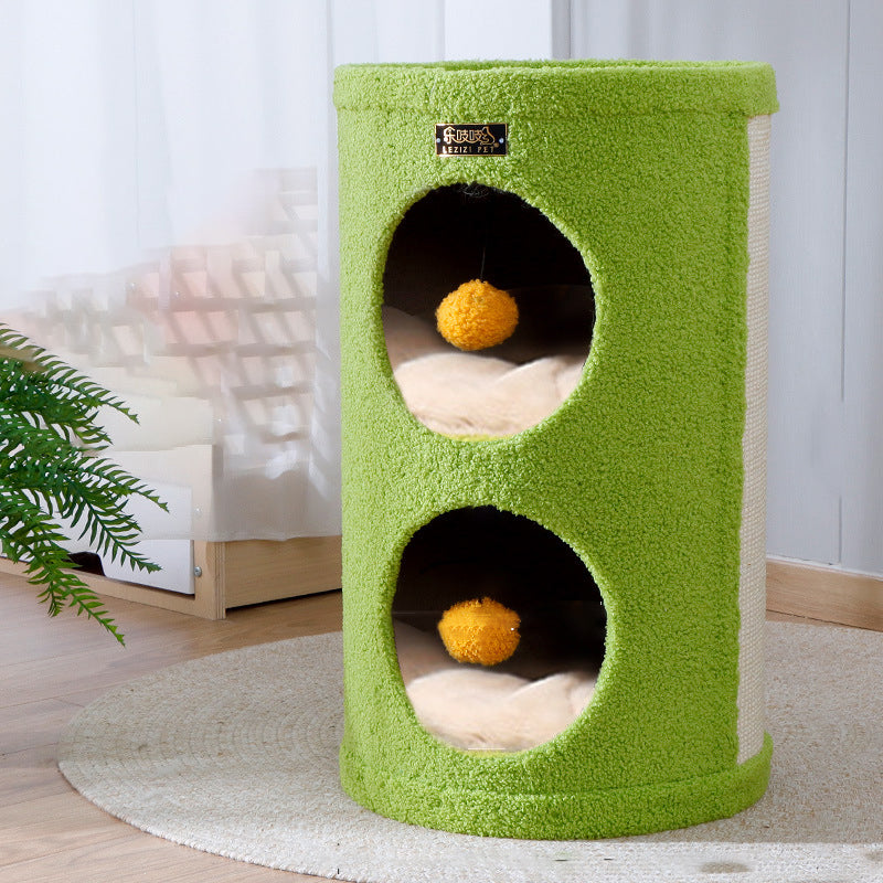 Traditionelles Rustikales Baumloch Teddy Fleece Verdicktes Hartpapprohr Integriertes Katzenbett &amp; Katzenturm 2/3-Nest Für Wohnzimmer 