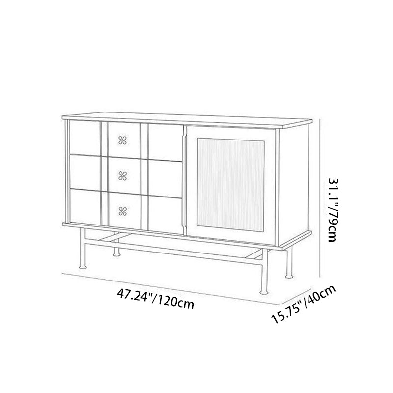 Contemporary Retro Rectangular Pine Wood Boxwood Plywood Stainless Steel Glass Storage Sideboard Cabinet 3-Drawer For Living Room
