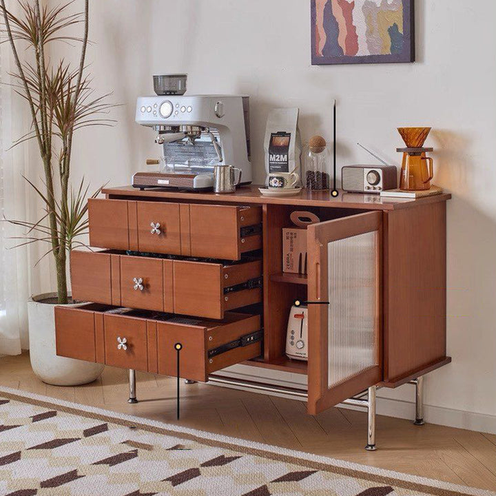Contemporary Retro Rectangular Pine Wood Boxwood Plywood Stainless Steel Glass Storage Sideboard Cabinet 3-Drawer For Living Room